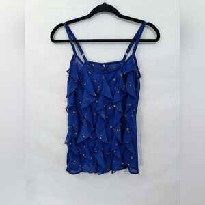 Blue Sheer Polyester Ruffled Top With Cherries Print Women's Medium